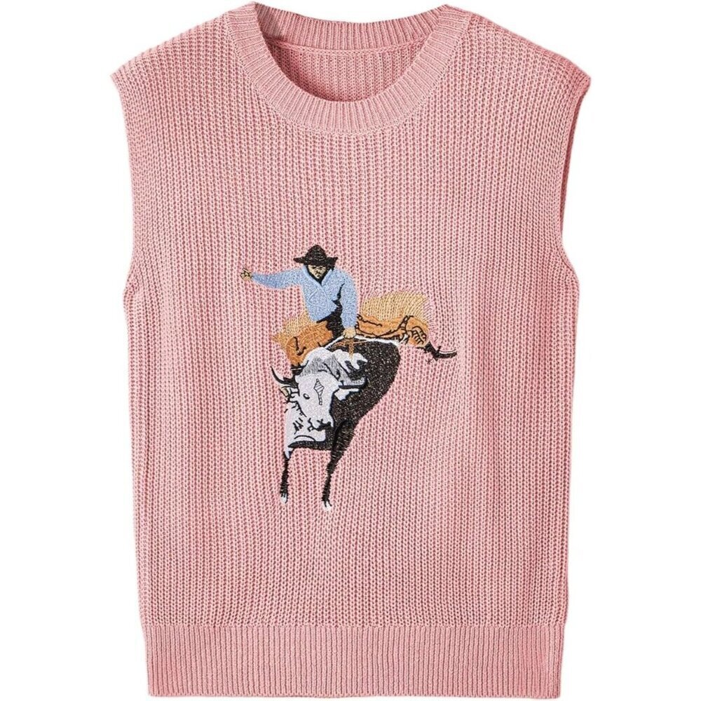 Women's Pink Western Embroidered Vest Crew Neck Cap Sleeve Pullover Sweater - Picture 5 of 5